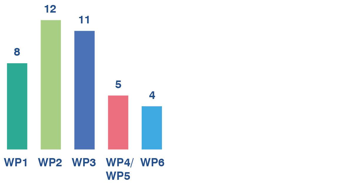 Bar chart showing ongoing projects: WP1: 8; WP2: 12: WP3: 11; WP4/5: 5; WP6: 4