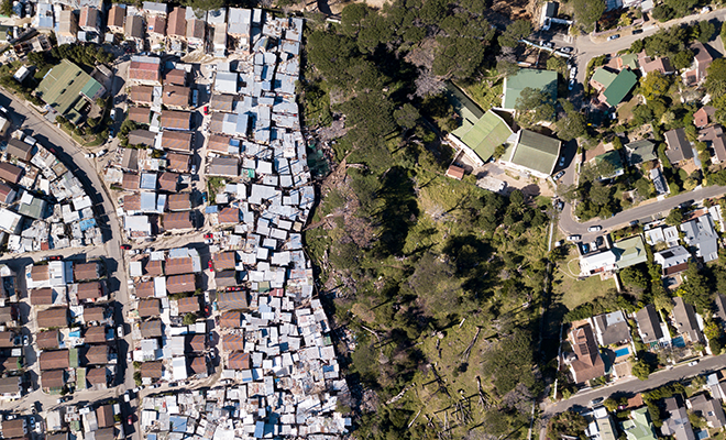 Luftfoto Sør-Afrika township og middelklasse boligstrøk