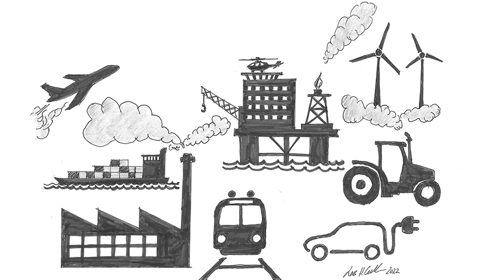 Tegning av fly, oljeplattform, vindmøller, fabrikk, tog, traktor og el-bil