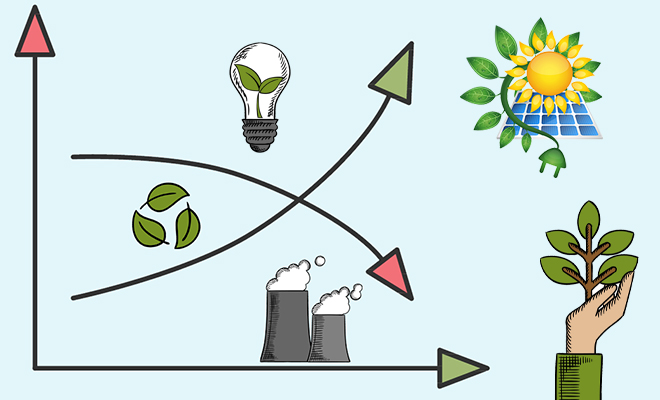 Illustration of a graph with 2 arrows crisscrossing. There are icons of green leaves creating a small circle, 2 nuclear power plant cooling towers, lightbulb with a sprouting leaf inside, and a solar panel with leaves sprouting and a plug as an apical bud.
